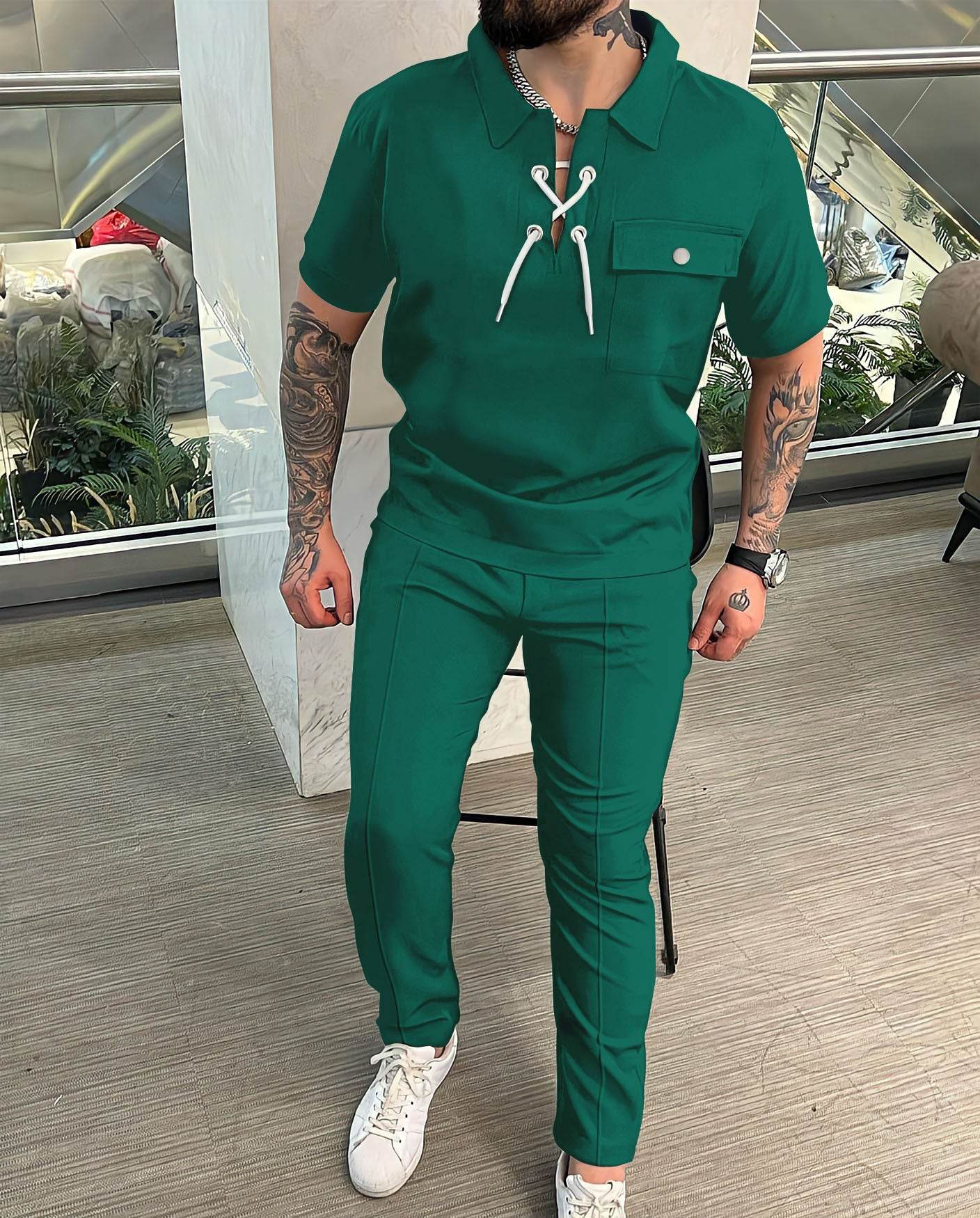 Buycenter Men's Casual Geometric T-shirt and Trousers Set - Short Sleeve - Buy Center