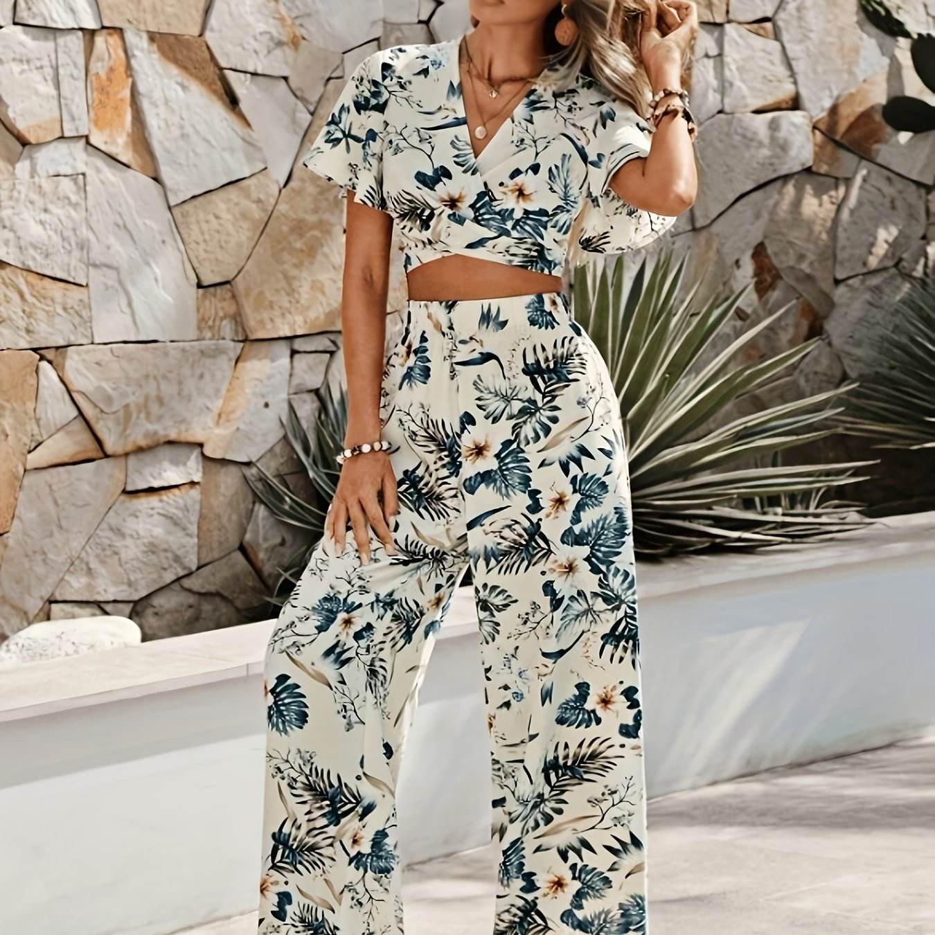 Tropical Print Lace-Up Crop Top & Wide-Leg Pants Set - Summer Style - Buy Center