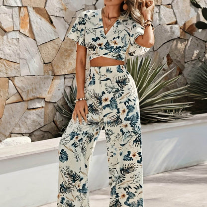 Tropical Print Lace-Up Crop Top & Wide-Leg Pants Set - Summer Style - Buy Center