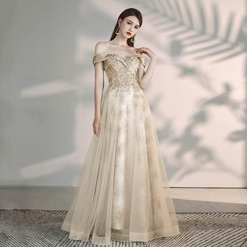 Buycenter A Shoulder Flamboyant Dress - Elegant Evening Wear in Champagne - Buy Center