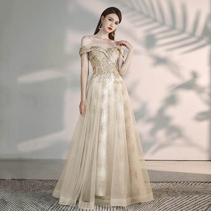 Buycenter A Shoulder Flamboyant Dress - Elegant Evening Wear in Champagne - Buy Center