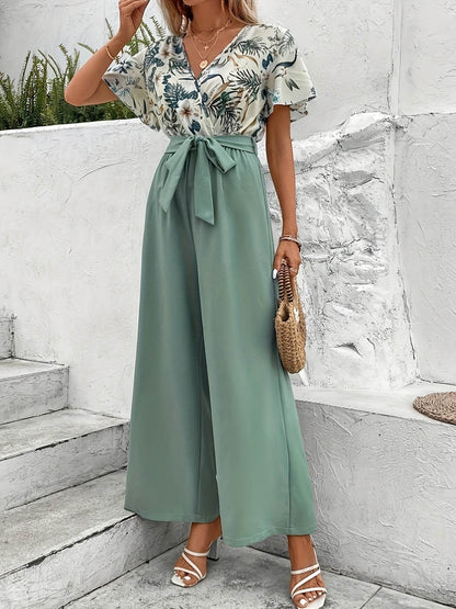 Women's Floral V-Neck Top & Wide-Leg Pants Suit Set - Casual Style - Buy Center