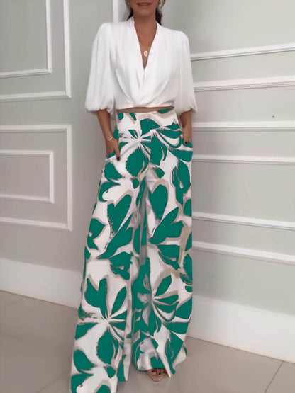 Women's Casual Floral Wide Leg Pants & Off-Shoulder Shirt Set - Buy Center