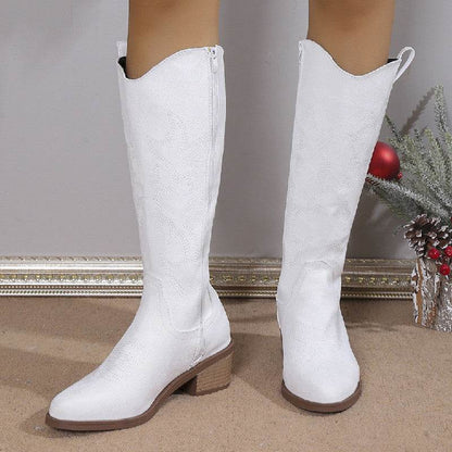 Buycenter Women's Chunky Heel Boots - Embroidered Round Head Design - Buy Center