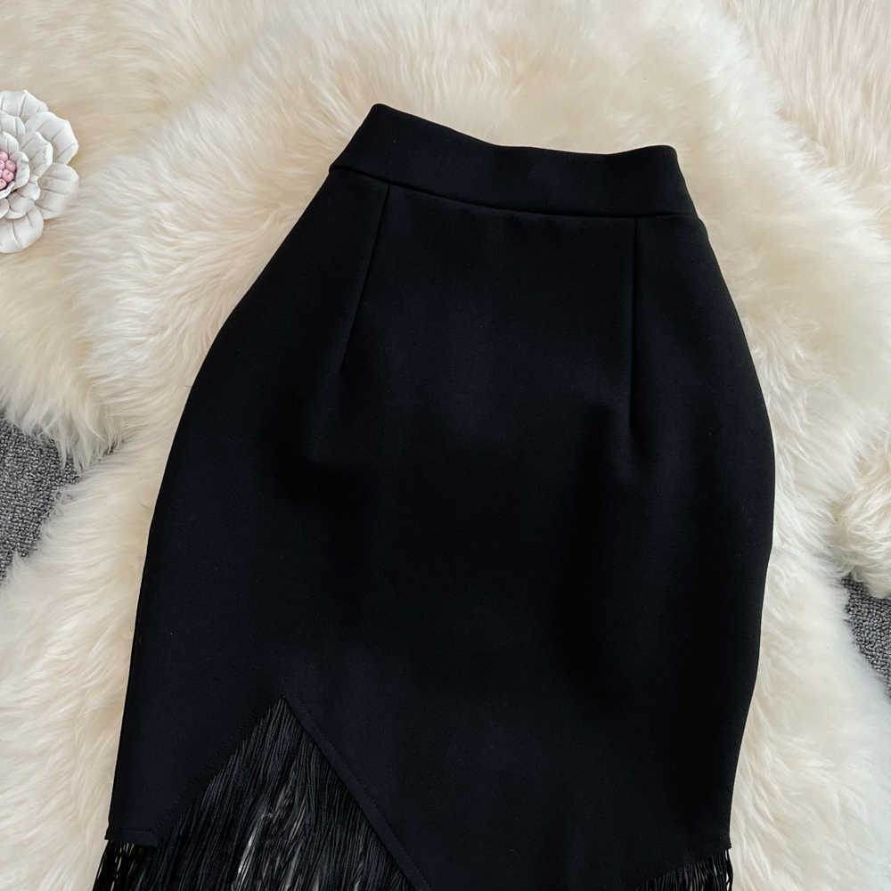 Buycenter High Waist Irregular Pencil Skirt with Tassel Detail | Black - Buy Center