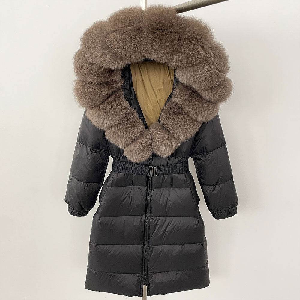 Women's Long Hoodie Coat - Real Fox Fur Collar, Padded Warmth 2025 - Buy Center