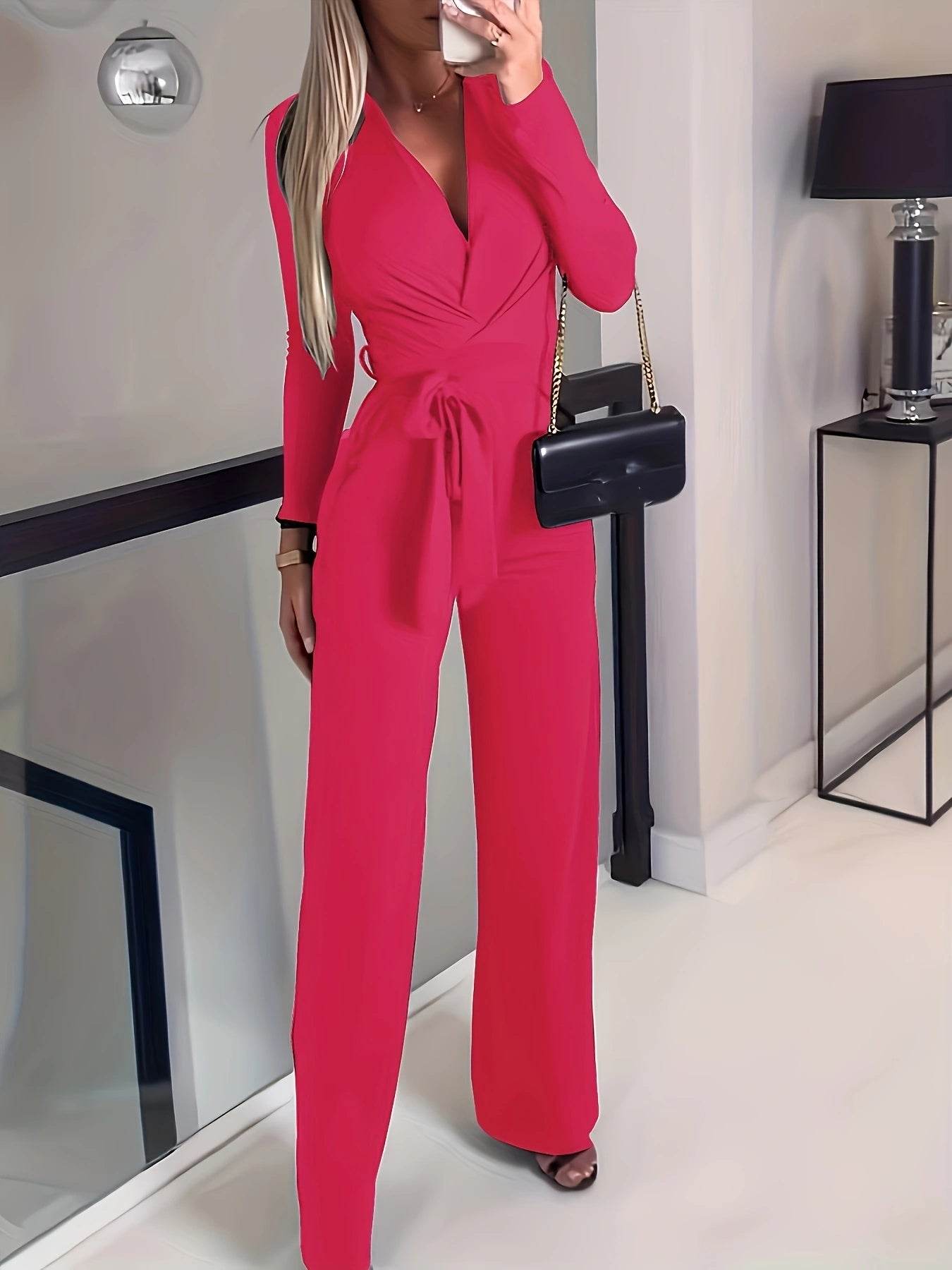 Women's Slimming V-Neck Jumpsuit - Lightweight Bow Tie Casual Wear - Buy Center