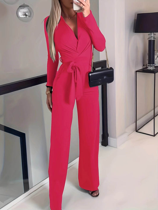 Women's Slimming V-Neck Jumpsuit - Lightweight Bow Tie Casual Wear - Buy Center
