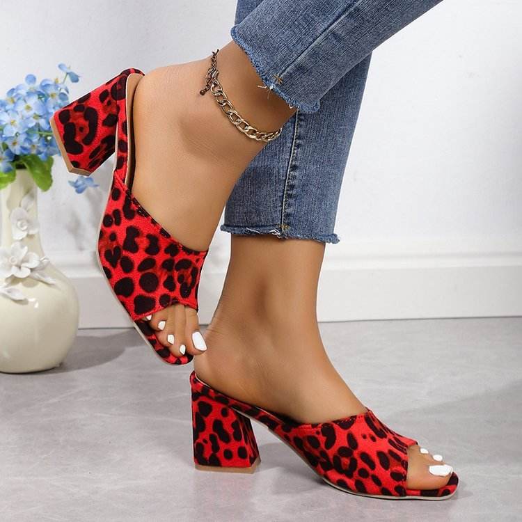Buycenter Leopard Square Toe Sandals - Stylish High-Heeled Slippers for Women - Buy Center