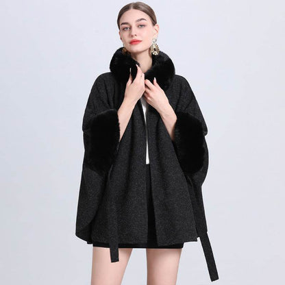Buycenter Women's Rabbit Fur Collar Shawl Cape - Knitted Padded Jacket - Buy Center