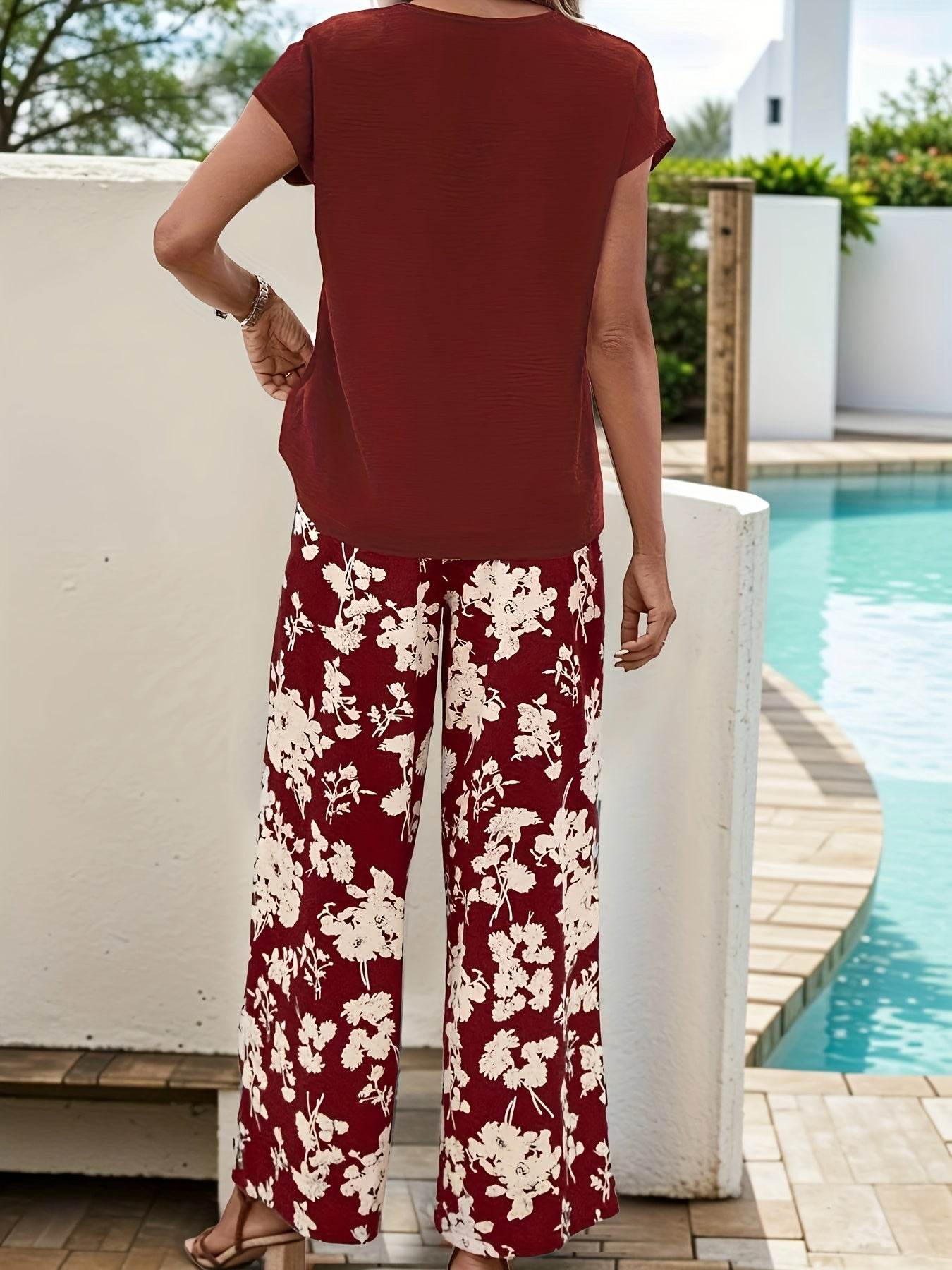 Casual Women's Spring & Summer Pants Set - V Neck & Floral Print - Buy Center