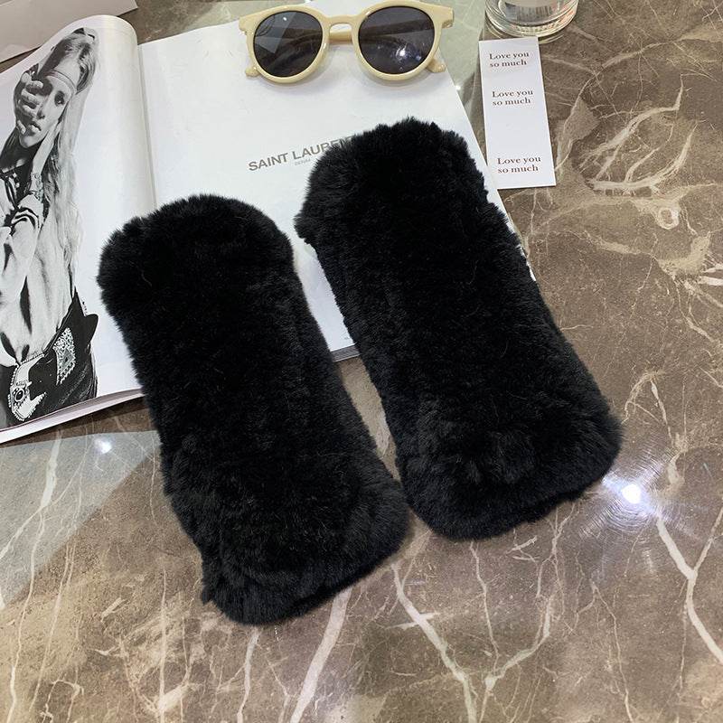 Sweet Warm Rex Rabbit Fur Gloves - Cozy Half Finger Design for Winter - Buy Center