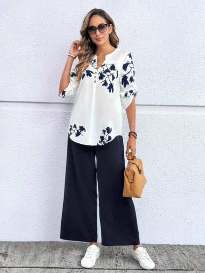 Women's Floral Print V-Neck Top & Pants Set - White Blue Casual Style - Buy Center