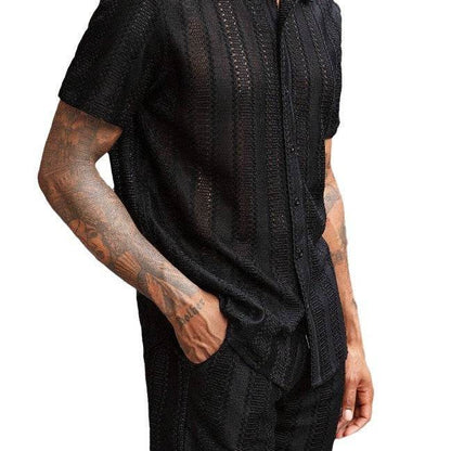 Men's Elegant Lace Translucent Short-Sleeved Shirt - Casual Cotton Blend - Buy Center