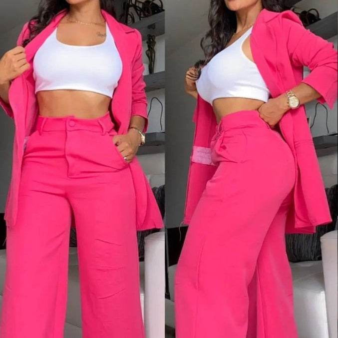 Buycenter Plain Color Sleeve Jumpsuit Set - Elegant Lapel Pocket Pants - Buy Center