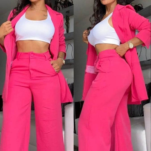 Buycenter Plain Color Sleeve Jumpsuit Set - Elegant Lapel Pocket Pants - Buy Center