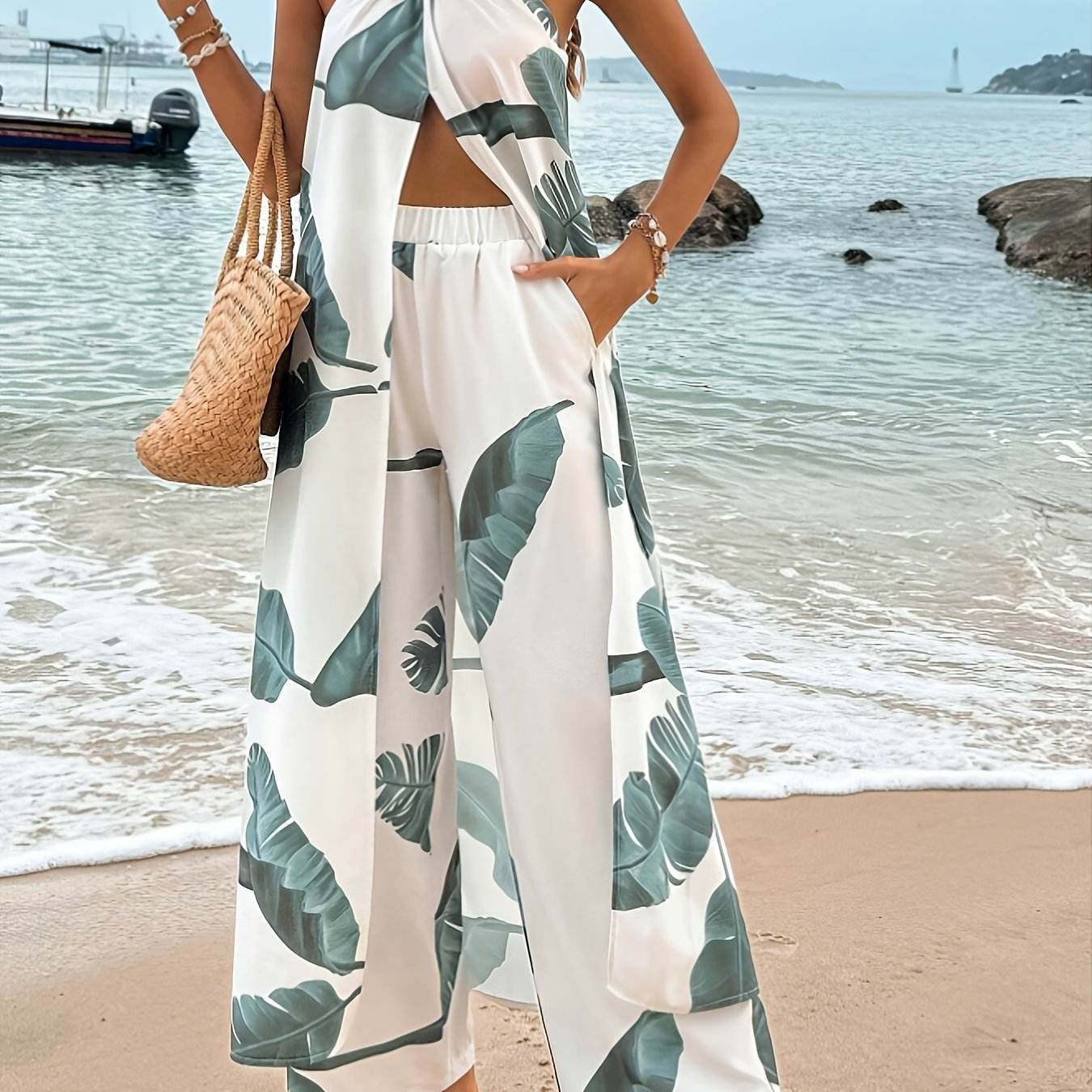 Stylish Women's Tropical Plant Print Two-Piece Set - Camisole & Pants - Buy Center