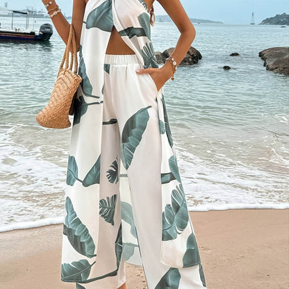 Stylish Women's Tropical Plant Print Two-Piece Set - Camisole & Pants - Buy Center
