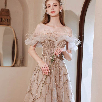 Buycenter Off-Shoulder Evening Dress - Beaded High Waist Design - Buy Center