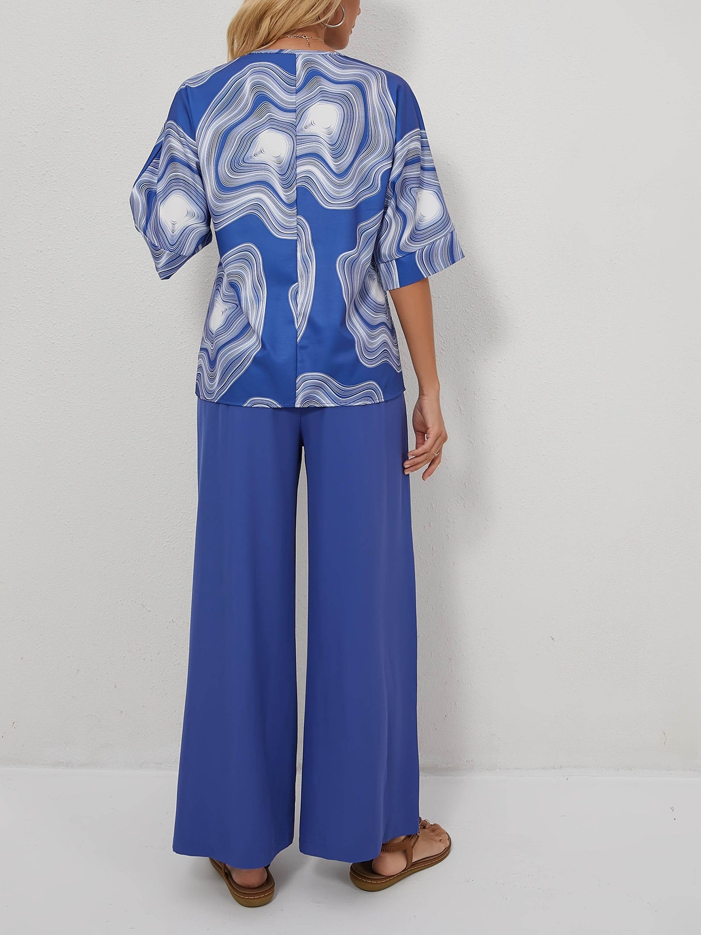 Elegant V-Neck Geometric Pantsuit - 100% Polyester for Spring/Fall - Buy Center