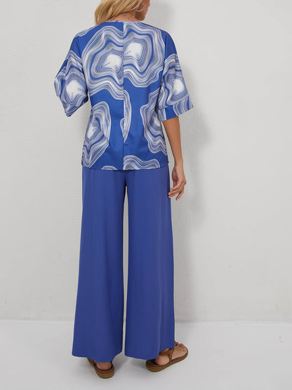 Elegant V-Neck Geometric Pantsuit - 100% Polyester for Spring/Fall - Buy Center