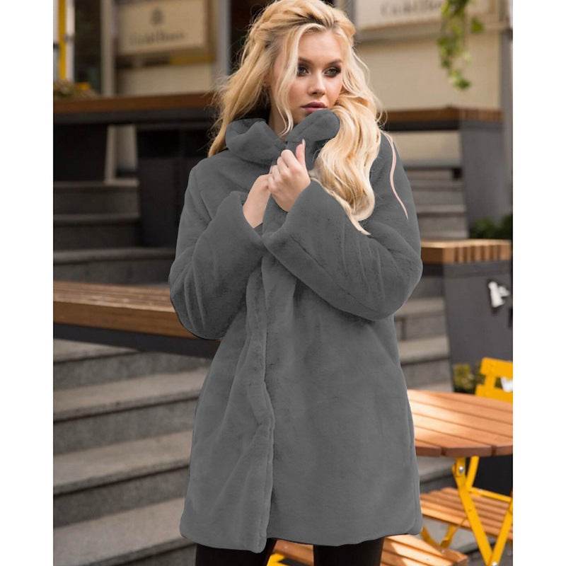 Buycenter Stand-Up Collar Winter Faux Fur Coat - Mid-Length, Loose Fit - Buy Center
