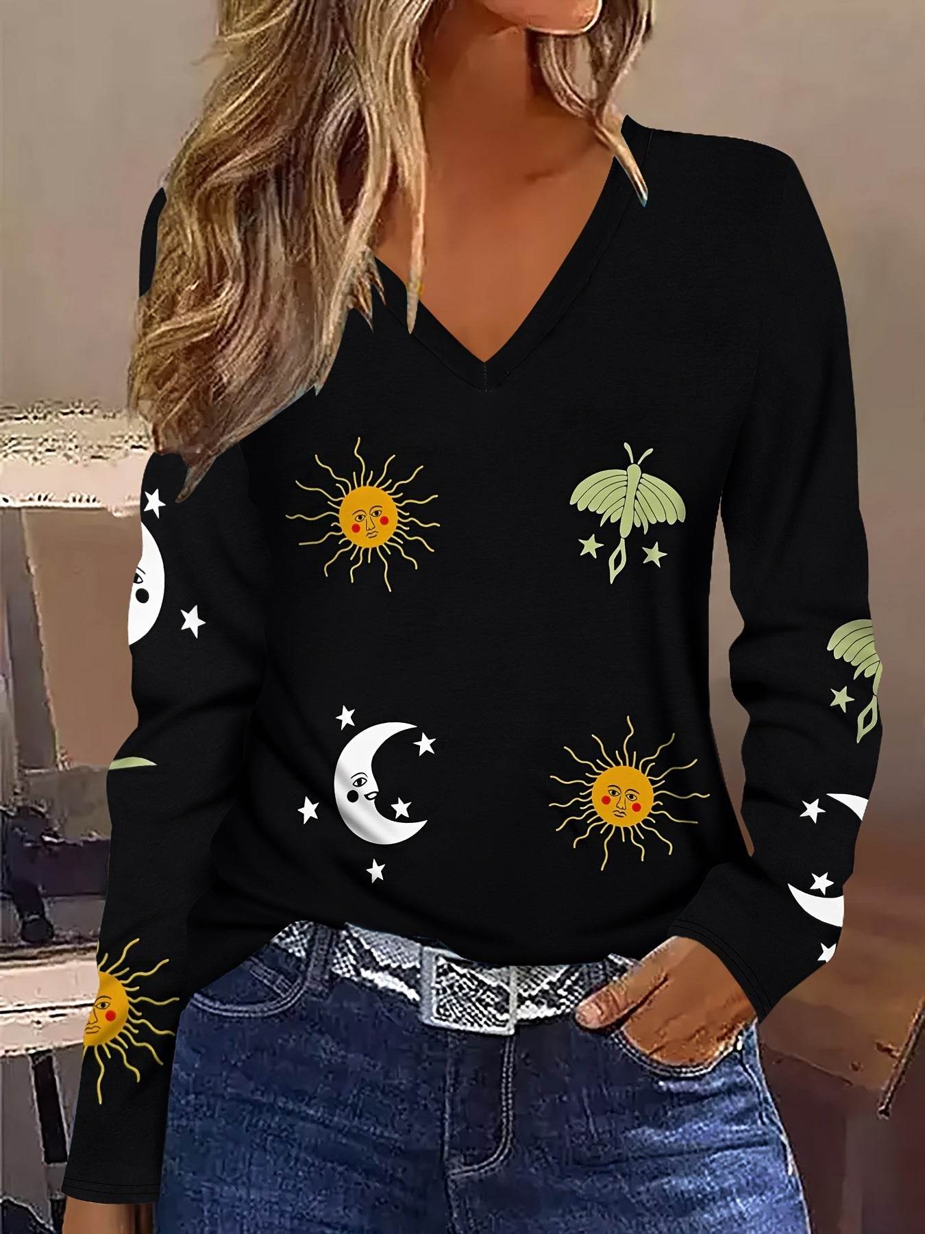 Buycenter Sun Moon Star Graphic V-neck T-shirt - Breathable Long Sleeve Blouse - Buy Center