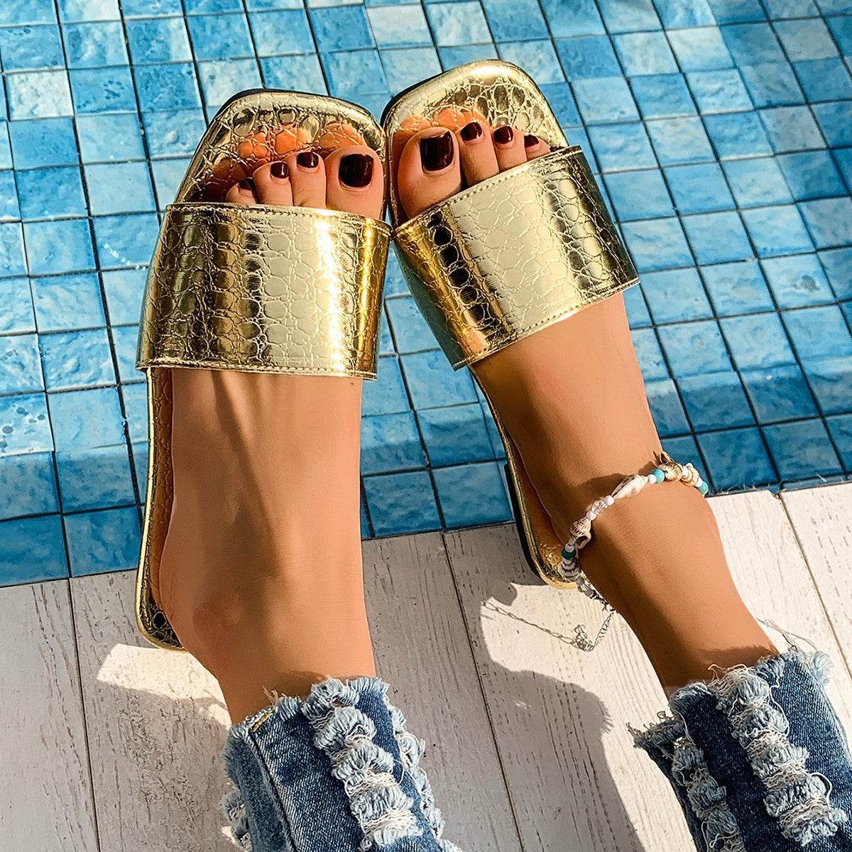 Fashion Crocodile Textured Slides - Elegant Gold & Silver Summer Sandals - Buy Center