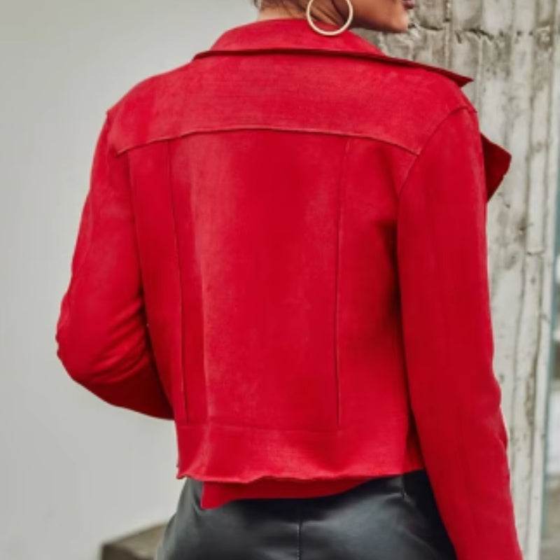 Chic Red Suede Motorcycle Jacket - Trendy Women's Fashion 2025 - Buy Center