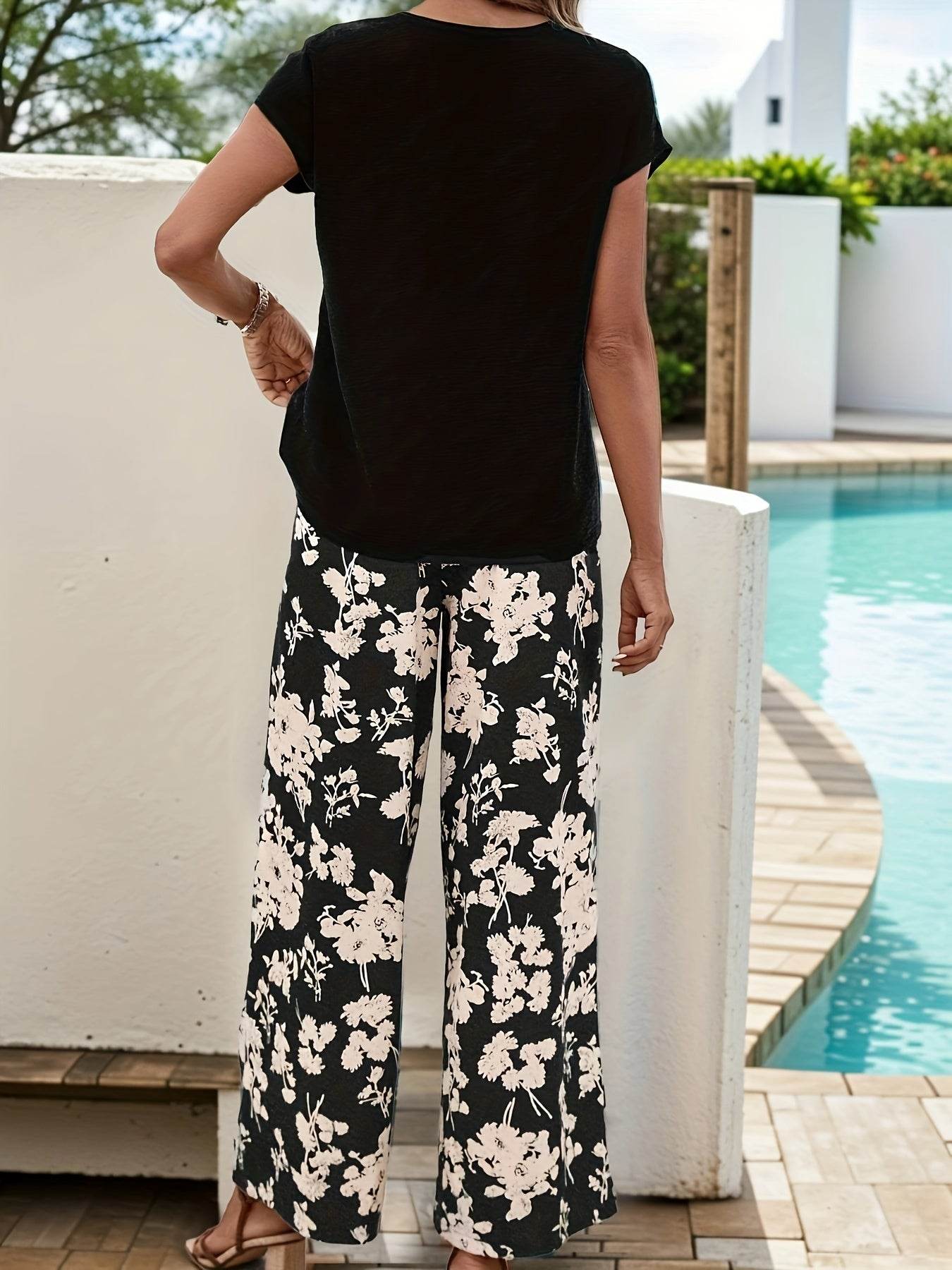 Casual Women's Spring & Summer Pants Set - V Neck & Floral Print - Buy Center