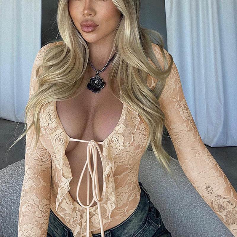 Apricot Patchwork Lace Irregular Jumpsuit - Sexy Tight Fit for Women - Buy Center