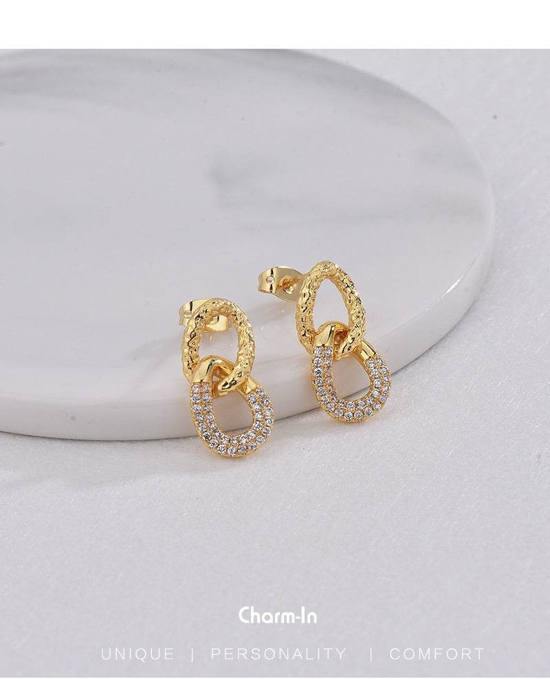 Retro Double Ring Stud Earrings - 18K Gold & Micro Inlaid Zirconium - Buy Center
