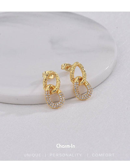 Retro Double Ring Stud Earrings - 18K Gold & Micro Inlaid Zirconium - Buy Center