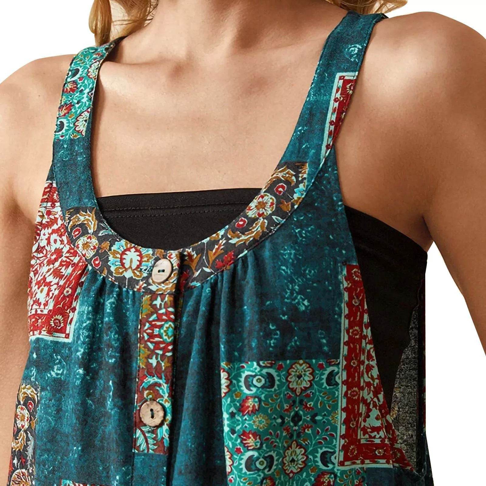 Buycenter Women's Vintage Print Jumpsuit - Loose Fit Straight-Leg Style - Buy Center