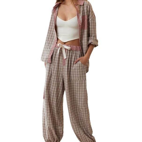 Women's Plaid Dressing Gown Set - Long Sleeve Shirt & Trousers Outfit - Buy Center
