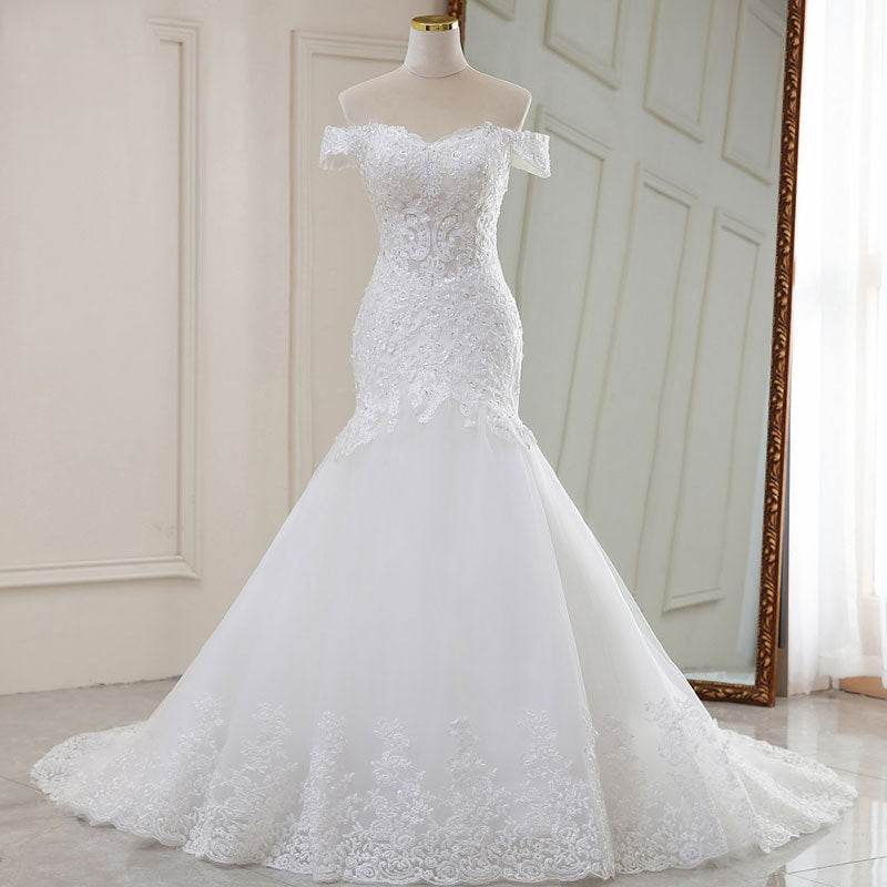 Elegant High Waist White Lace Wedding Dress - V-Neck Long Tail Style - Buy Center
