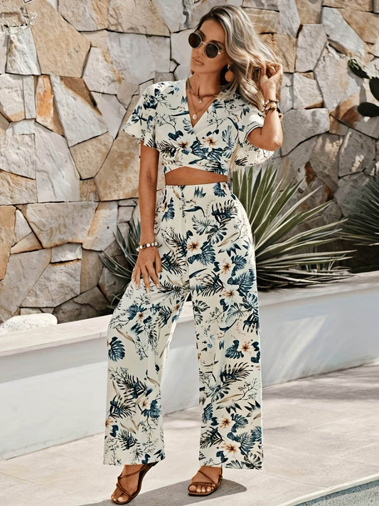Tropical Print Lace-Up Crop Top & Wide-Leg Pants Set - Summer Style - Buy Center