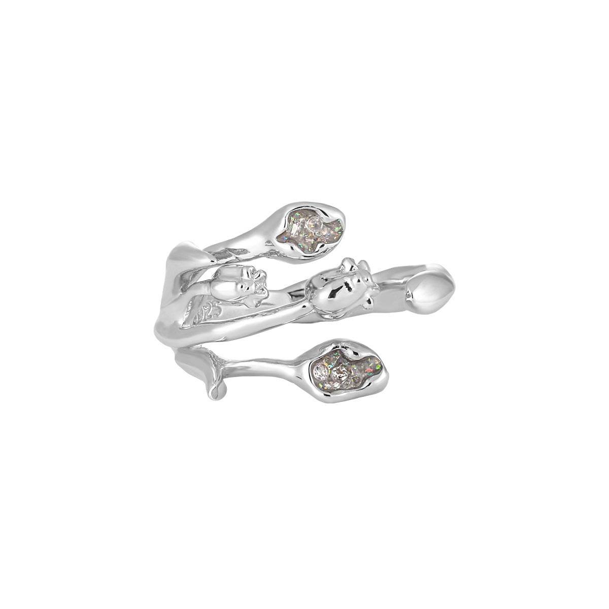 Diamond Studded Tulip Design Ring - Luxurious Adjustable Silver Jewelry - Buy Center
