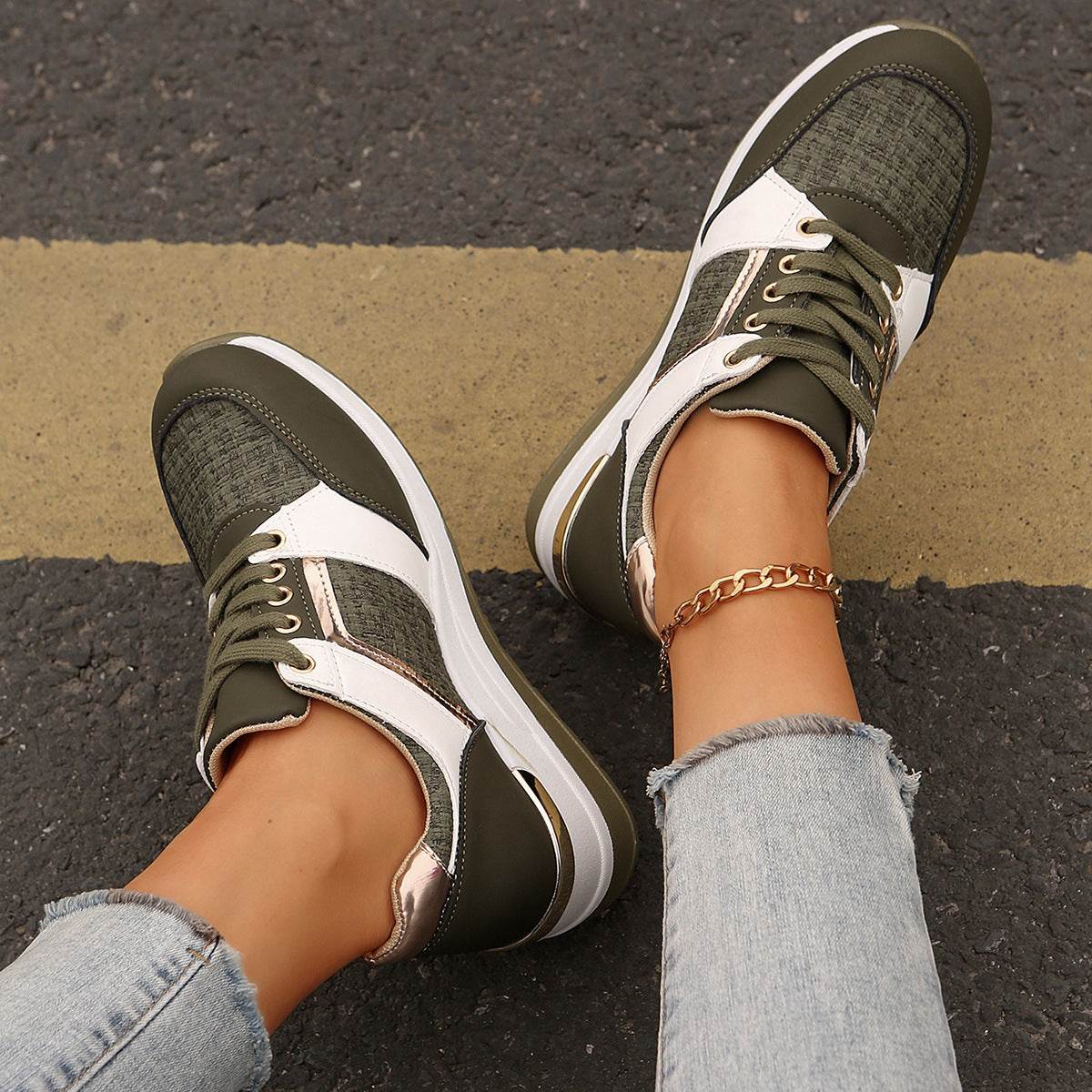 Colorblock Lace-Up Sneakers for Women - Stylish Thick-Soled Sports Flats - Buy Center