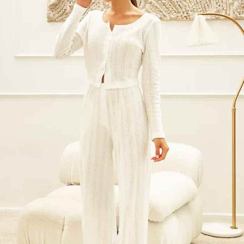 Long Sleeve White Hollow-Out Knitted Pajamas - Stylish & Comfortable Set - Buy Center