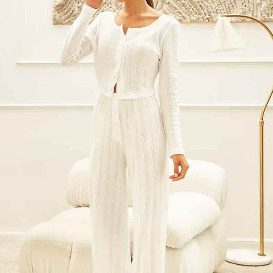 Long Sleeve White Hollow-Out Knitted Pajamas - Stylish & Comfortable Set - Buy Center