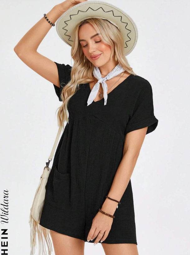 Buycenter Batwing Sleeve Pocket Romper - Casual High Waist Jumpsuit - Buy Center