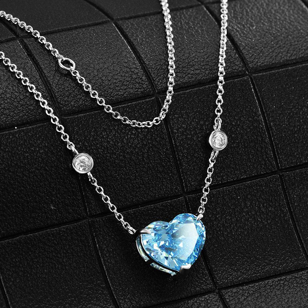 Ocean Blue Heart-shaped Zircon Necklace - S925 Silver Clavicle Chain - Buy Center