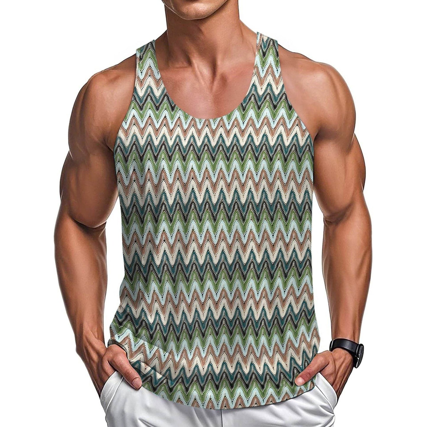 Retro Stripe Color Wave Vest - Summer Casual Men's Clothing in Green & Red - Buy Center