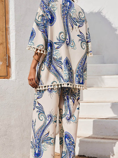 YY0208118 Women's Peacock Print Kimono & Loose Pants Set - Elegant Style - Buy Center