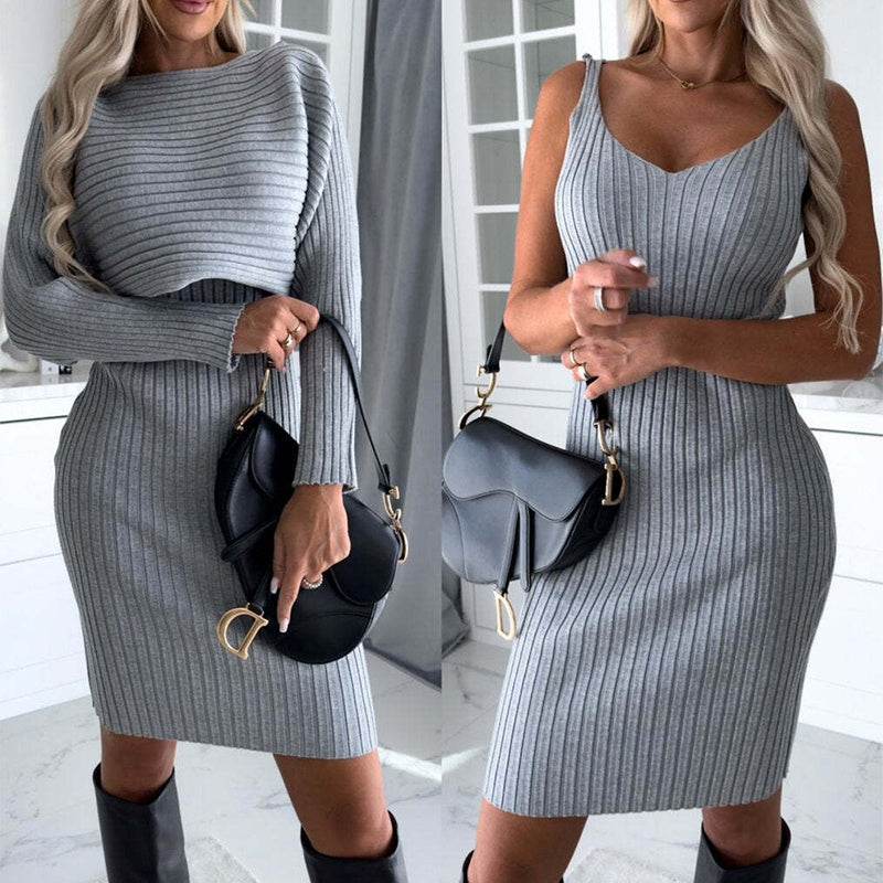 Buycenter Women's Solid Stripe Top & Skirt Set - Fashionable Autumn Style - Buy Center