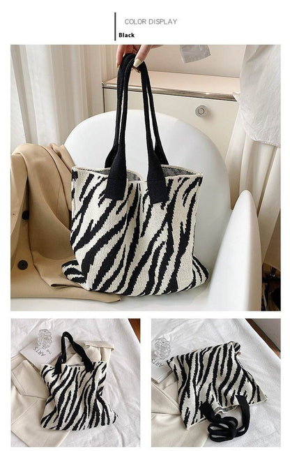 Large Capacity Zebra Pattern Tote Bag - Stylish Knitted Design for Women - Buy Center