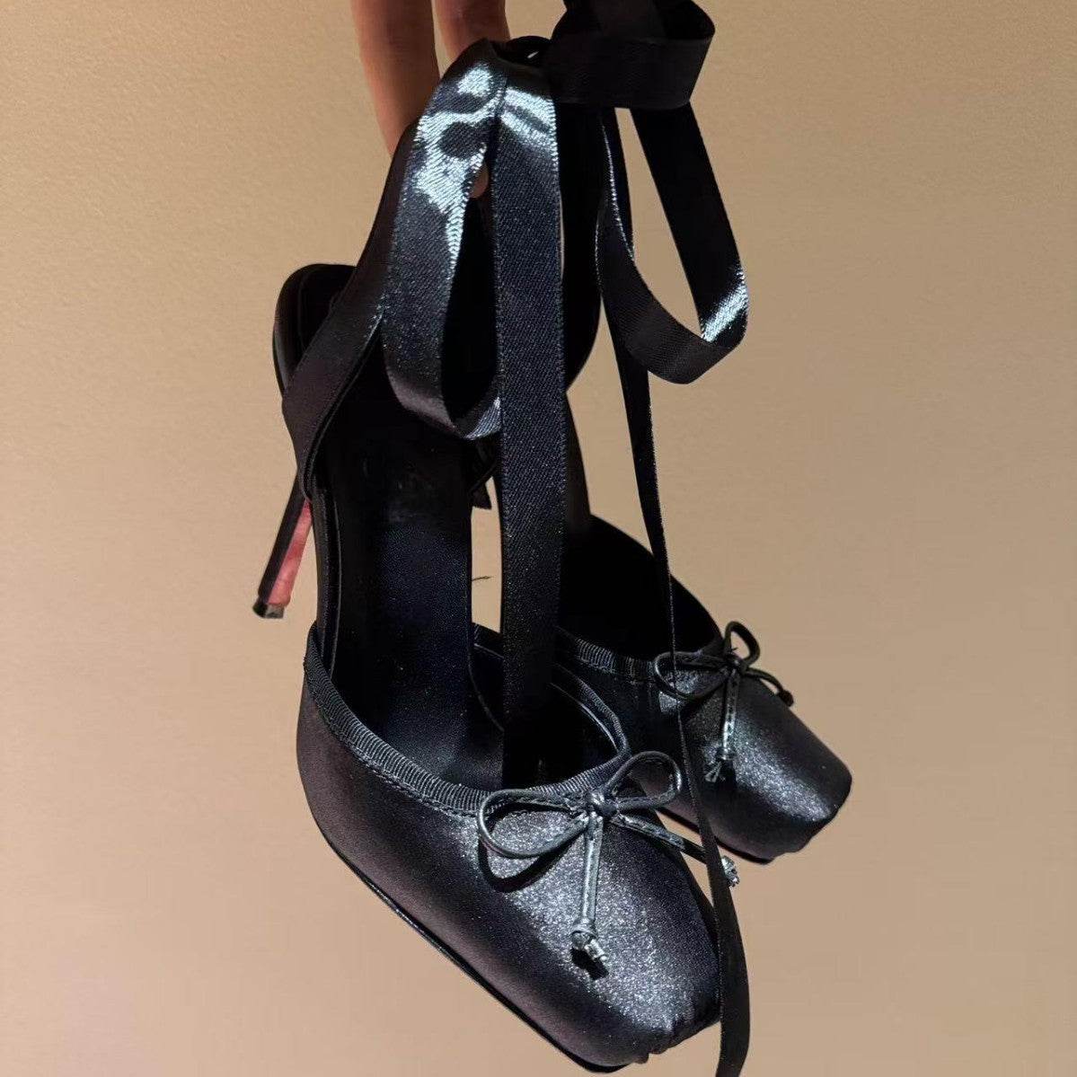 Buycenter Women's Trendy Leather Sole High Heels - Satin Ribbon Toe Cap - Buy Center