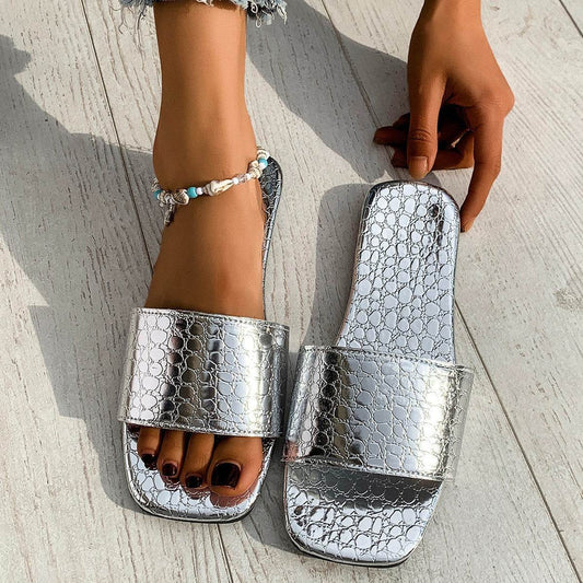 Fashion Crocodile Textured Slides - Elegant Gold & Silver Summer Sandals - Buy Center