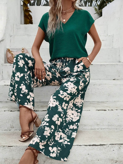 Casual Women's Spring & Summer Pants Set - V Neck & Floral Print - Buy Center